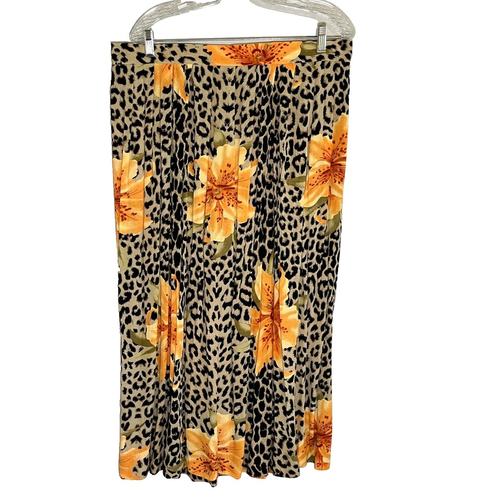Vintage Animal Print Pleated Maxi Skirt 20W Brown Floral Boho Indie Retro Mod
